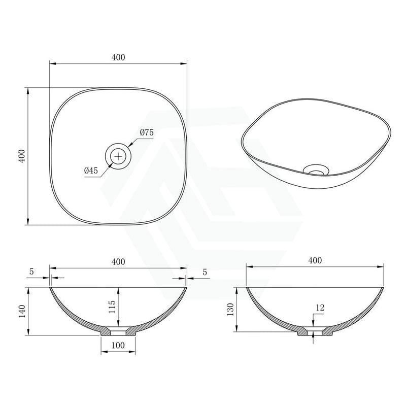 400X400X140Mm Elba Square Solid Surface Stone Above Counter Art Basin Matt White Sqaure Basins