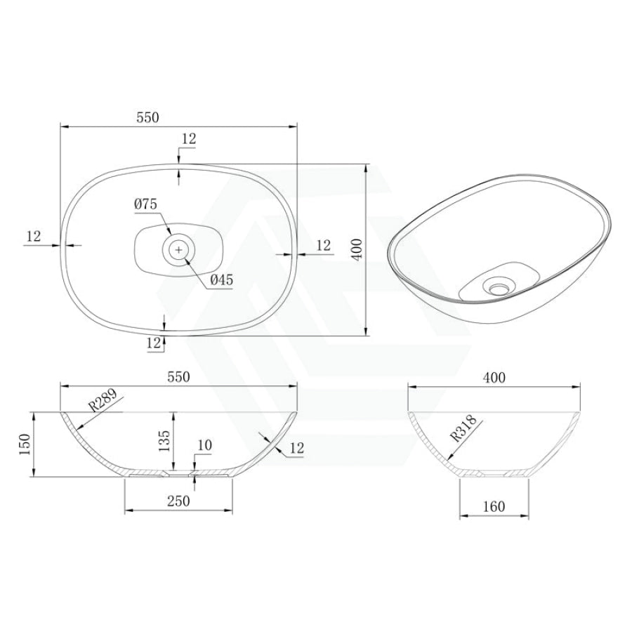 550X400X155Mm Percy Square Solid Surface Stone Above Counter Art Basin Matt White Basins