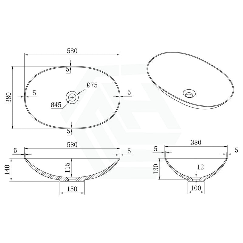 580X380X140Mm Kirkby Oval Solid Surface Stone Above Counter Art Basin Matt White Basins