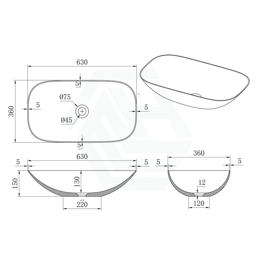 630X360X150Mm Percy Square Solid Surface Stone Above Counter Art Basin Matt White Basins