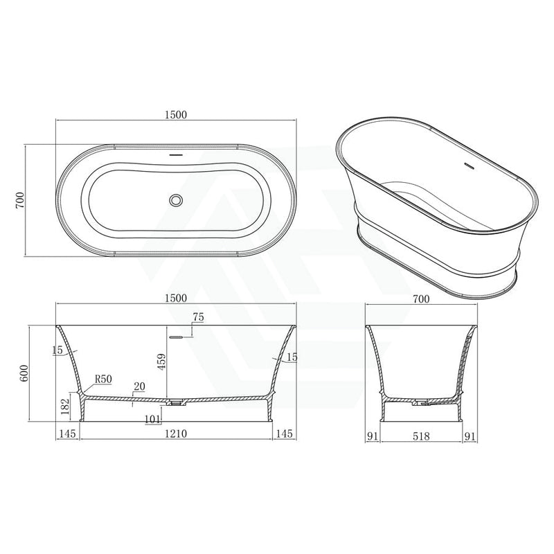 1500/1700Mm Ceto Harrington Solid Surface Stone Freestanding Bathtub With Overflow Matt White