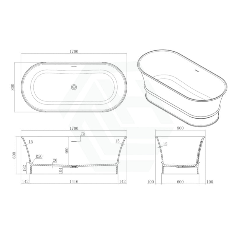 1500/1700Mm Ceto Harrington Solid Surface Stone Freestanding Bathtub With Overflow Matt White