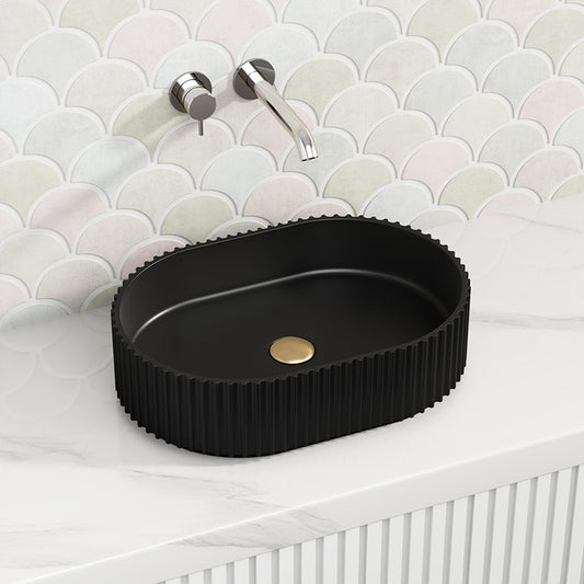 480x345x140mm Stadio Groove Fluted Oval Above Counter Matt Black Artificial Stone Basin