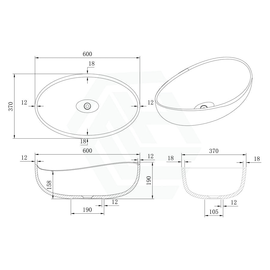 600X370X190Mm Waverly Oval Above Counter Art Stone Basin Matt White/Gloss White/Matt Black Basins