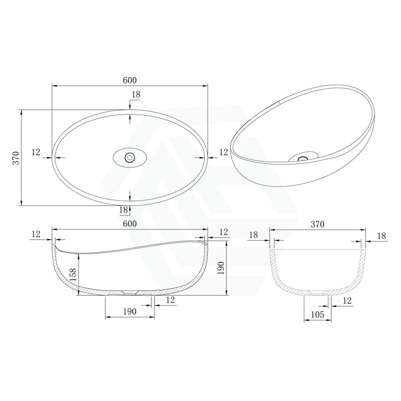 600X370X190Mm Waverly Oval Above Counter Art Stone Basin Matt White/Gloss White/Matt Black Basins