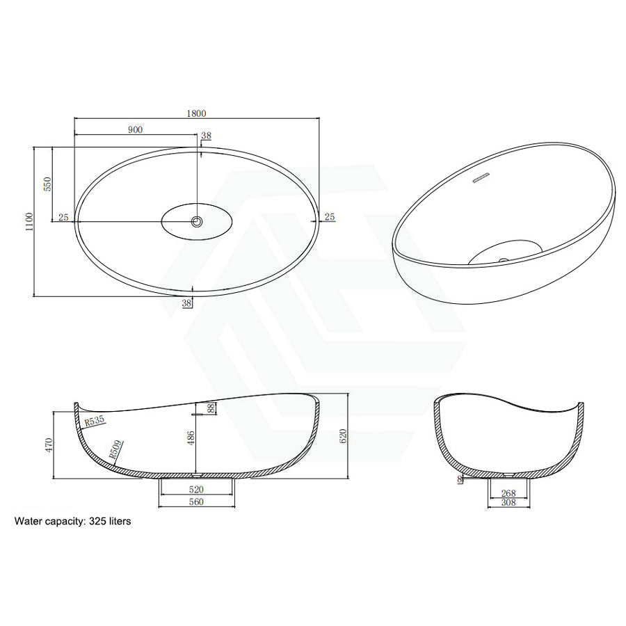 1800Mm Ceto Waverly Solid Surface Stone Freestanding Bathtub With Overflow Matt White/Matt Black