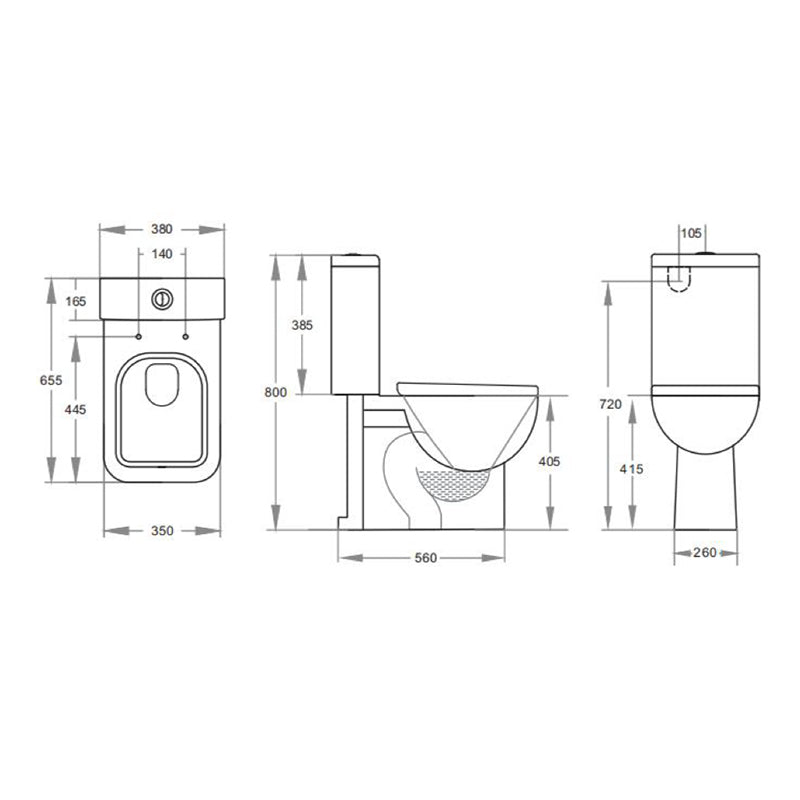 655x380x800mm Cubo White Close Coupled Box Rim Toilet Suite