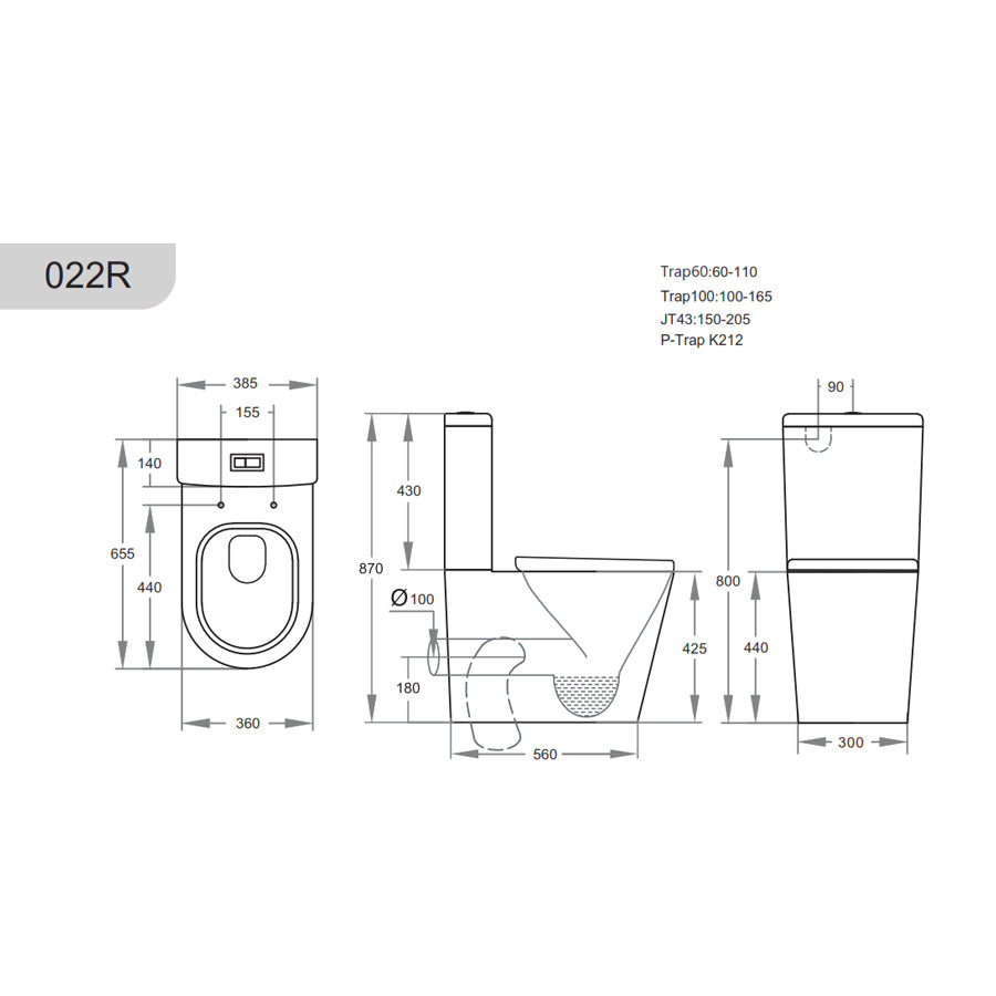 655x385x870mm Avis Back To Wall Toilet Suite Rimless Back/Left and Right Bottom Inlet Cistern Matt White