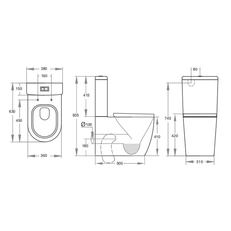 630x380x835mm Veda Tornado Ceramic Back To Wall Toilet Suite Back/Left and Right Bottom Inlet Variant Colour Available