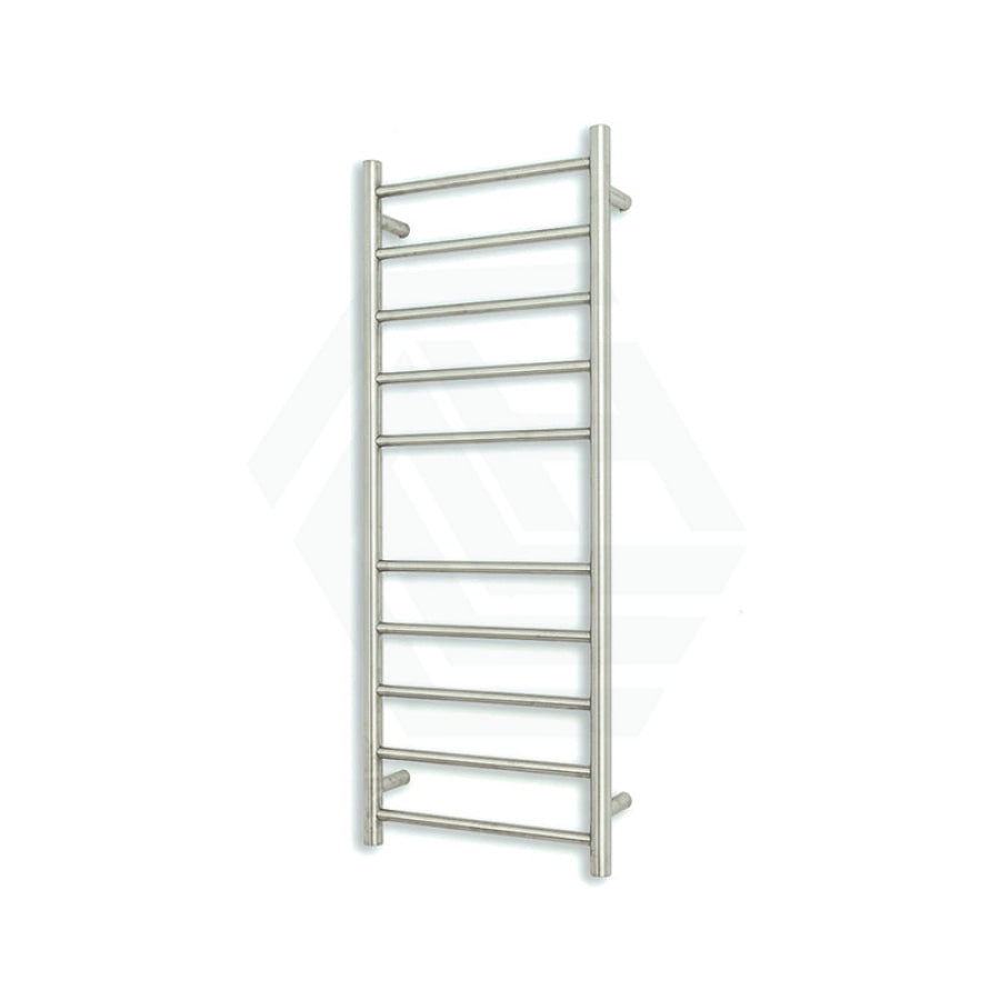 Radiant Brushed Satin Heated Round Ladder Towel Rail 430 X 1100Mm 10 Bars Bottom Left Rails