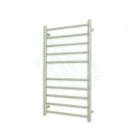 Radiant Brushed Satin Heated Round Ladder Towel Rail 600 X 1100Mm 10 Bars Bottom Left Rails