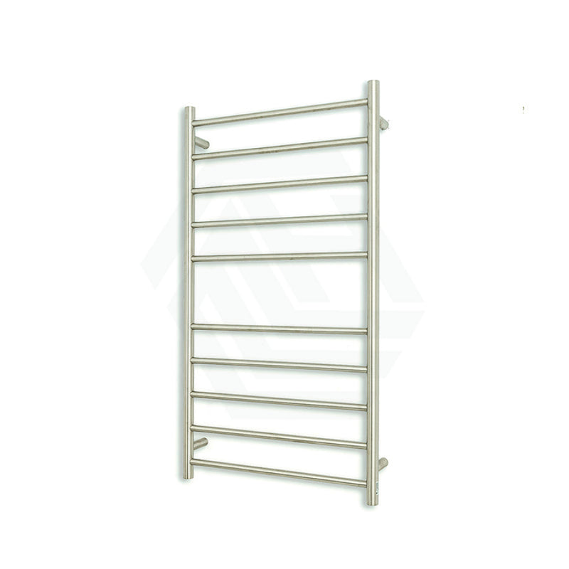 Radiant Brushed Satin Heated Round Ladder Towel Rail 600 X 1100Mm 10 Bars Bottom Left Rails