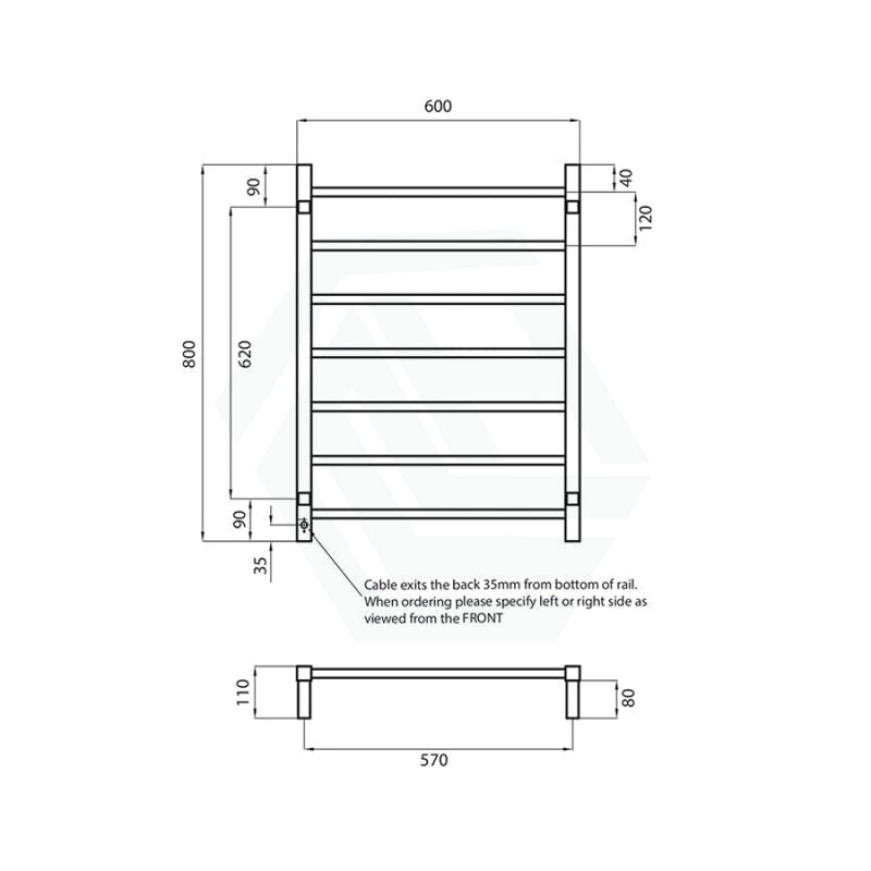 Radiant Brushed Satin Heated Square Ladder Towel Rail 600 X 800Mm 7 Bars Rails