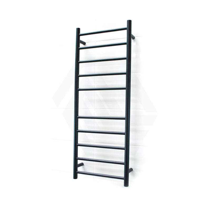 Radiant Matt Black Heated Round Ladder Towel Rail 430 X 1100Mm 10 Bars Bottom Left Rails