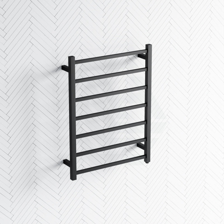 Radiant Matt Black Heated Square Ladder Towel Rail 600 X 800Mm 7 Bars Rails