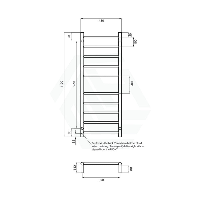 Radiant Mirror Polished Heated Round Ladder Towel Rail 430 X 1100Mm 10 Bars Rails