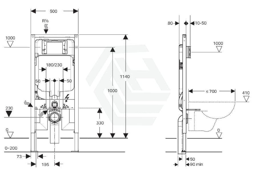 Zara Rimless Wall Hung Toilet Pan With Geberit Frameless Inwall Concealed Cistern Sigma8 Push