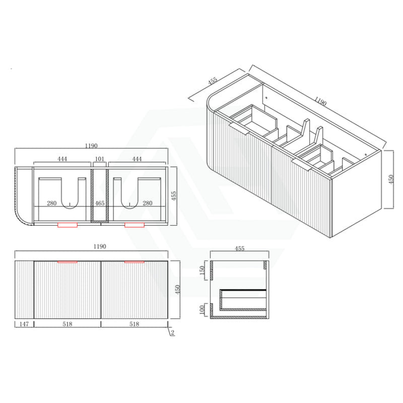 Rio 600/750/900/1200/1500Mm Bathroom Linear Surface Corner Vanity Wall Hung Plywood White With Stone