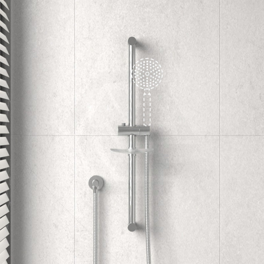 Round Chrome Shower Rail Sliding Holder With Soap Dish Water Hose & Wall Connector Only