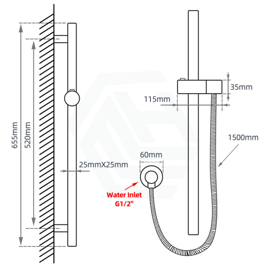 Round Chrome Wall Mounted Sliding Rail With Water Hose & Connector Only