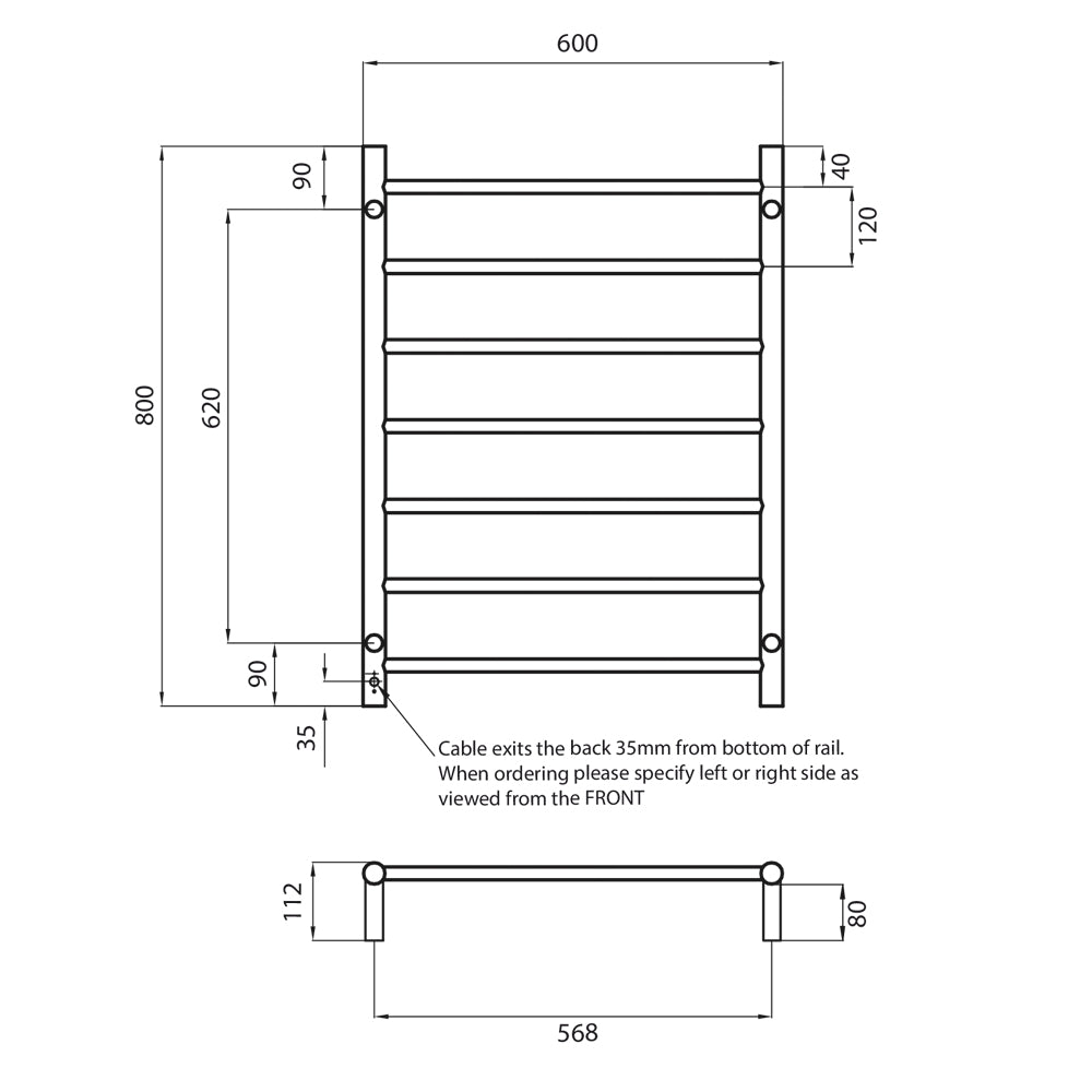 Radiant Gun Metal Grey Heated Round Ladder Towel Rail 600 X 800Mm 7 Bars Bottom Left Rails