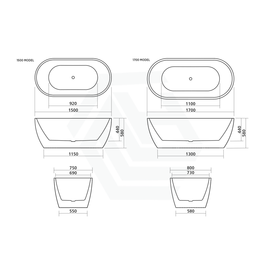 1500/1700Mm Arko 120 Oval Freestanding Bathtub Gloss White Acrylic With Overflow Smartfill System