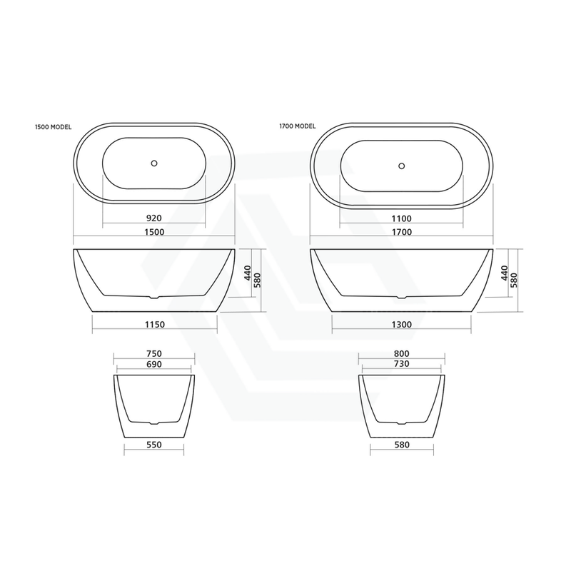 1500/1700Mm Arko 120 Oval Freestanding Bathtub Gloss White Acrylic With Overflow Smartfill System