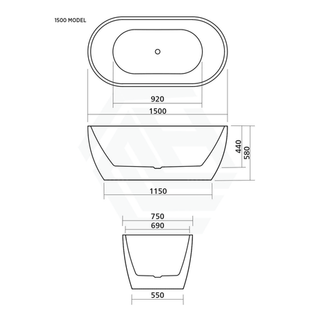 1500/1700Mm Arko 120 Oval Freestanding Bathtub Matt White Acrylic With Overflow Smartfill System