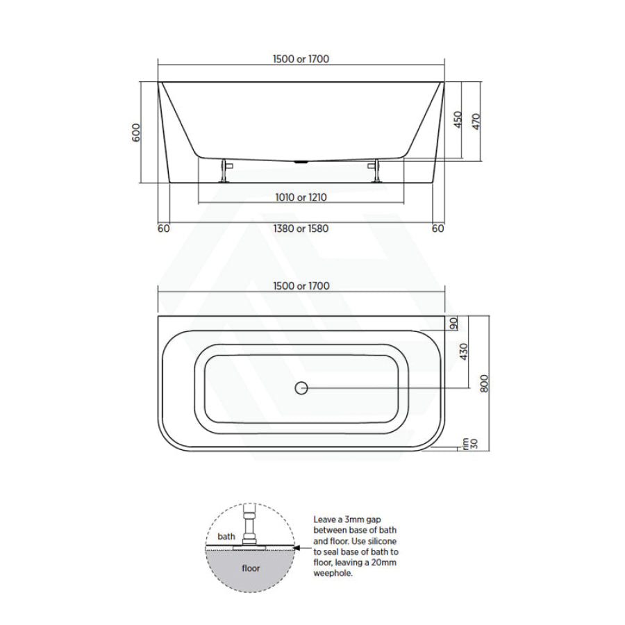 Seima 1500/1700Mm Plati 130 Back To Wall Bathtub White Acrylic With Overflow And Smartfill System