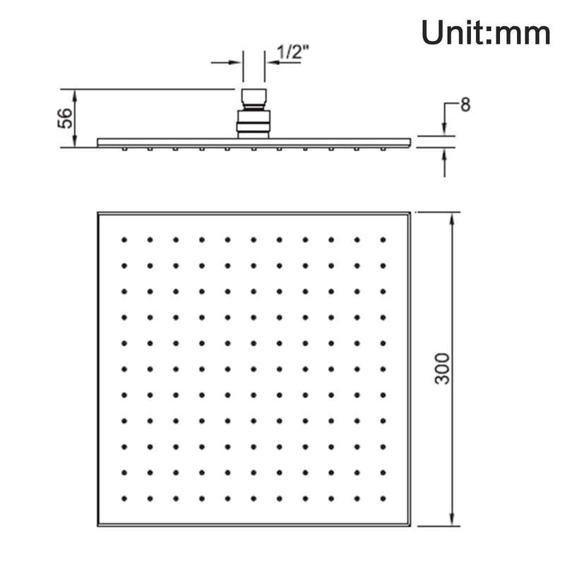 300Mm Matt Black Square Rainfall Shower Head