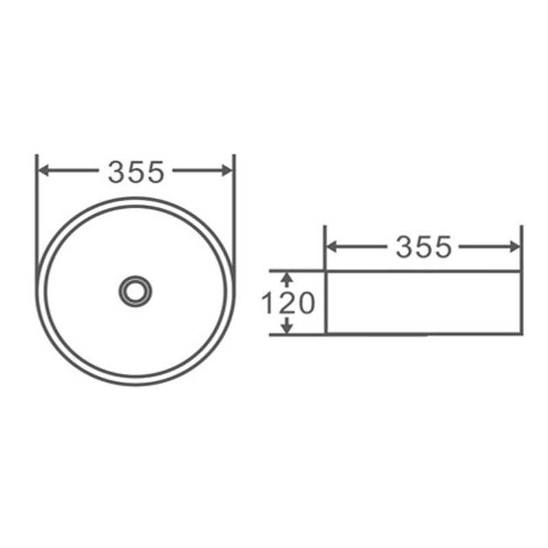 355X355X120Mm Round Gloss White Ceramic Above Counter Wash Basin Ultra Slim