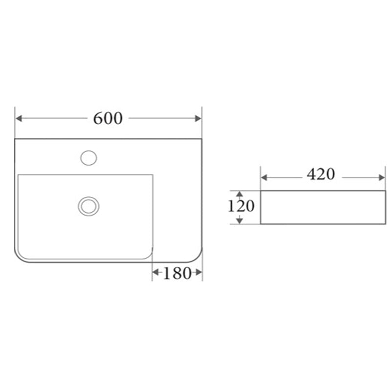 600X420X120Mm Above Counter/wall-Hung Rectangle White Ceramic Basin Left / Right Hand Bowl One Tap