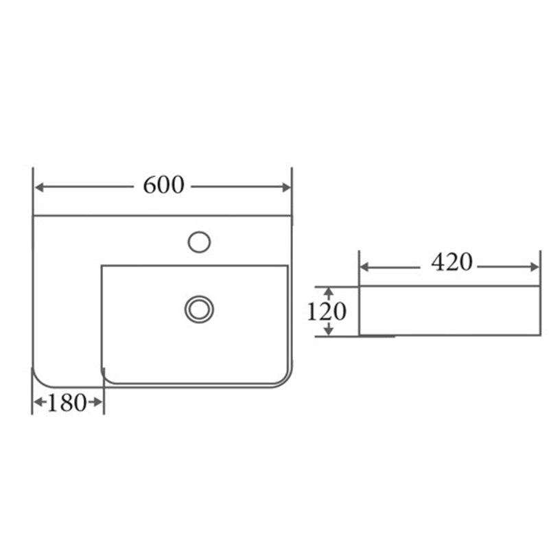 600X420X120Mm Above Counter/wall-Hung Rectangle White Ceramic Basin Left / Right Hand Bowl One Tap