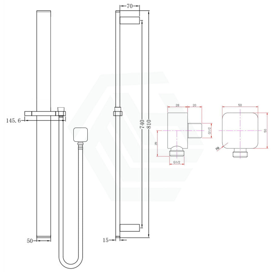 Square Black Sliding Shower Rail With Wall Connector & Water Hose Only