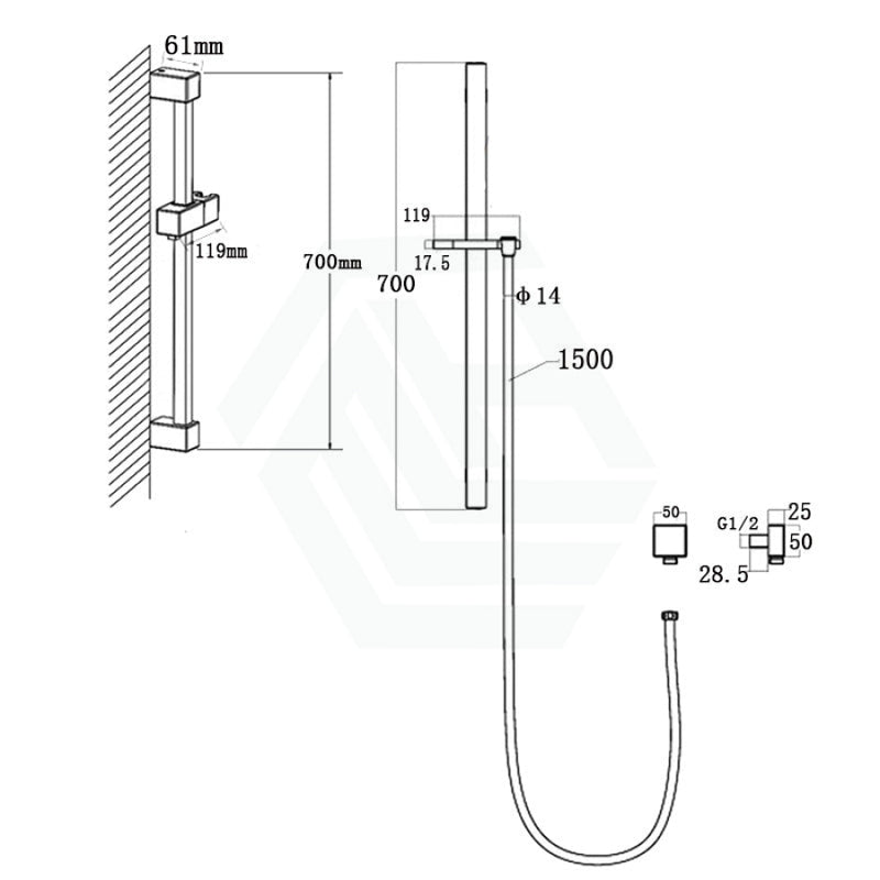 Square Chrome Shower Rail With Wall Connector & Water Hose Only