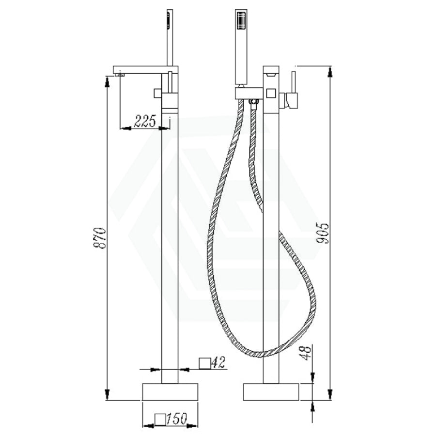 Square Floor Mounted Bath Mixers Handheld Solid Brass Chrome