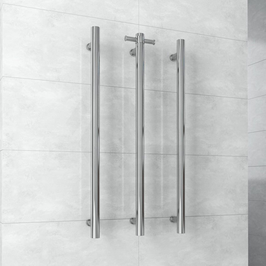 Thermogroup 900Mm Straight Round Vertical Single Heated Towel Rail Polished Stainless Steel Rails