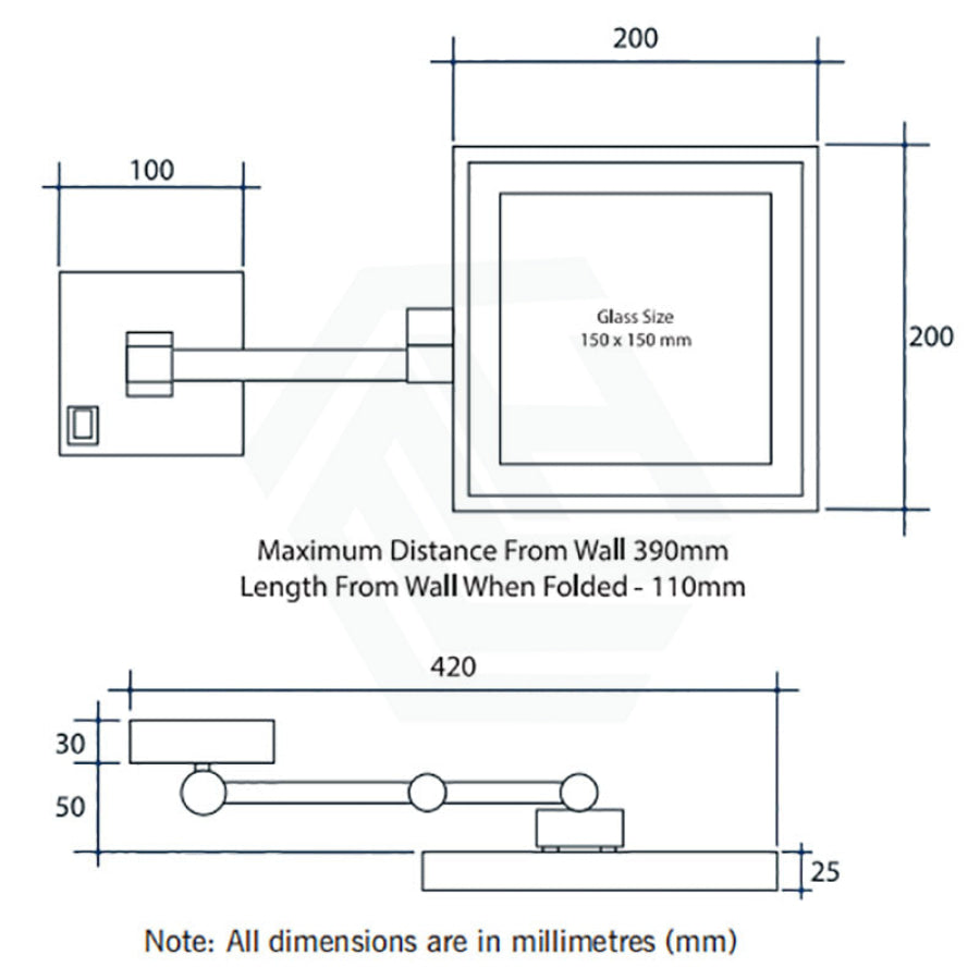 Thermogroup 200Mm Matt Black Led Makeup Mirror Dual Arm Extend 3X Magnifier Square Led Mirrors