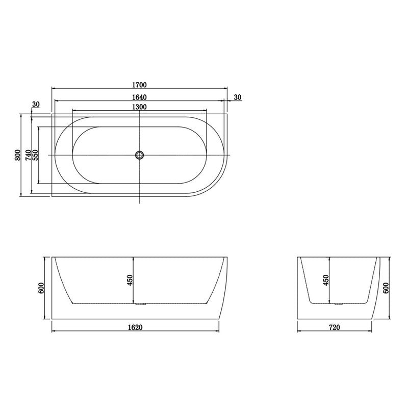 1500/1700mm Carysil Gina Left Corner Back to Wall Bathtub Gloss White NO Overflow