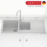 Carysil Granite Kitchen Sink 1 Half Double Bowls Drainboard 1160mm Concrete Grey