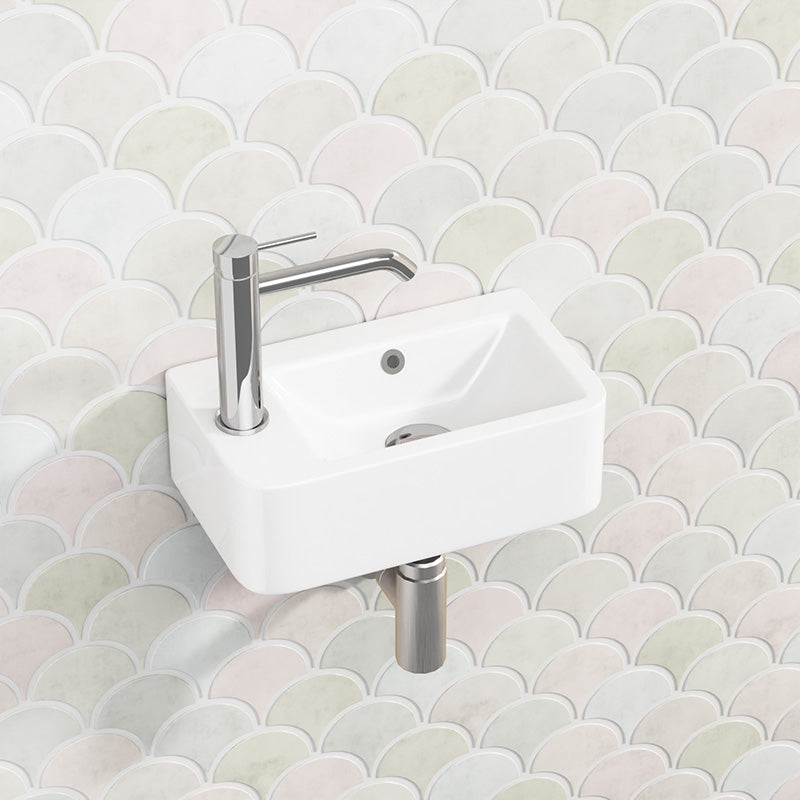 375x255x125mm Mini Rectangle Gloss White Wall Hung Ceramic Basin Left or Right Tap Hole Available