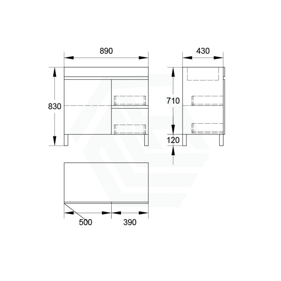 750/900/1200Mm 2-Drawer 1-Door Bathroom Freestanding Leg Vanity Single Multi-Colour Cabinet Only