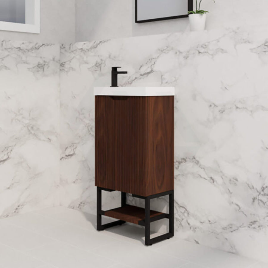 450X250X830Mm Vienna Brown Oak Fluted Freestanding One Door Mini Vanity With Overflow Poly Top