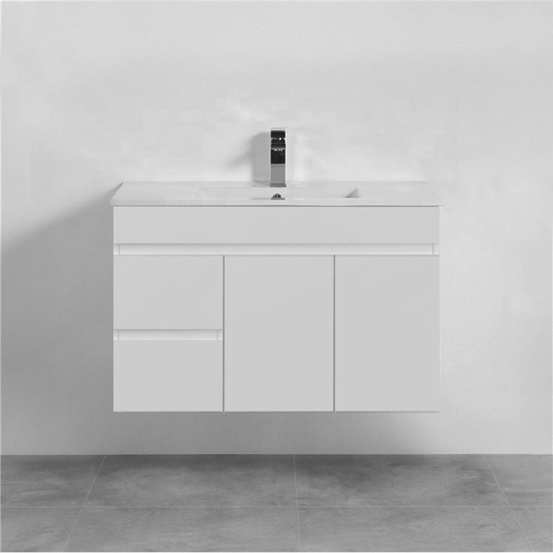 900Mm Narrow Premium Bathroom Floating Wall Hung Vanity White Pvc Left / Right Hand Side Drawers